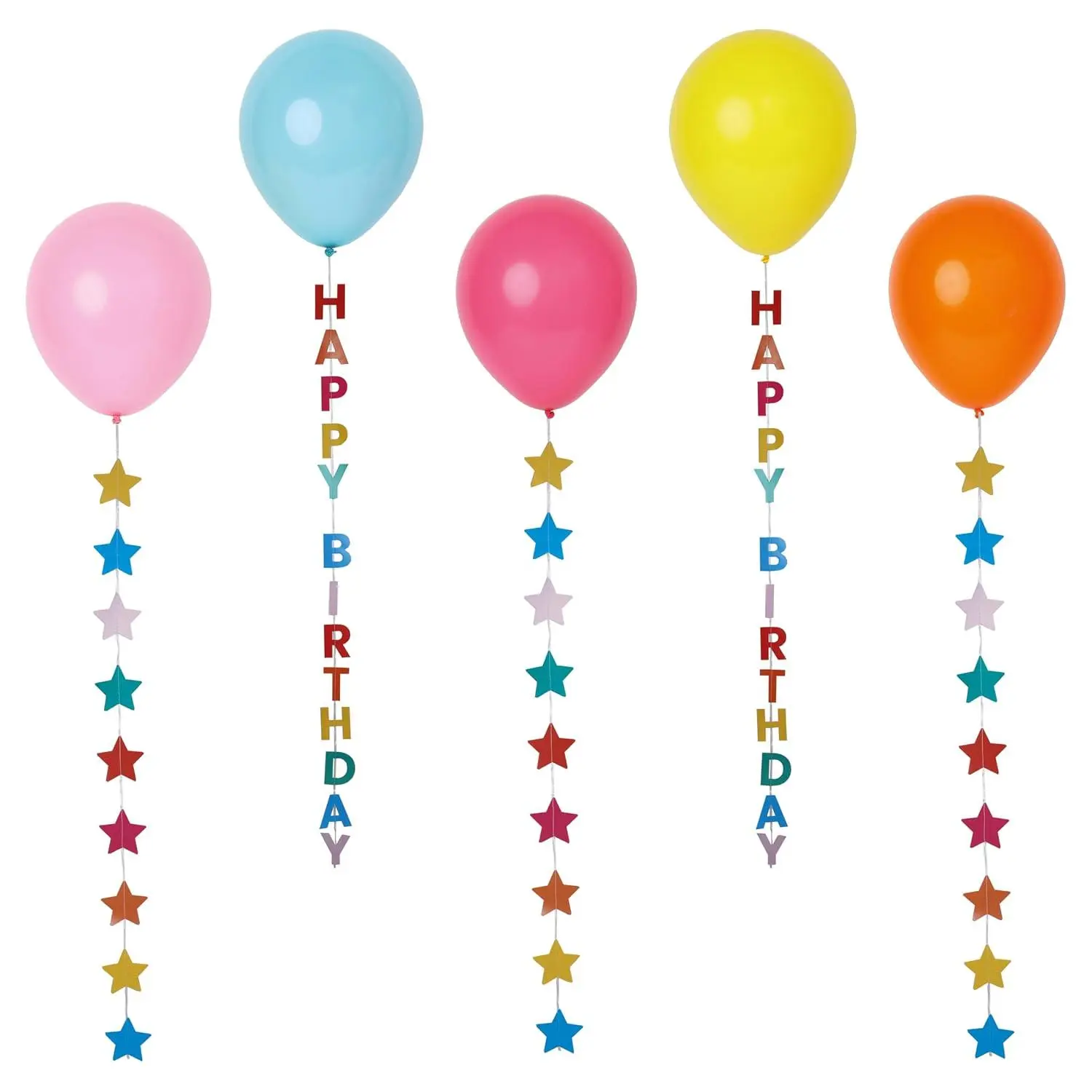 5 X Birthday Balloons With Colorful Stars Hanging Party Decorations With 1 Metre String Yellow Pink Blue Orange Pastel Colours Ceiling Balloon 11.8 Inches When Inflated