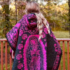 THICK Our Lady of Guadalupe old blue Poncho with hat blanket soft Warm gaban virgen de Guadalupe mañanita