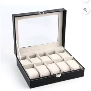 Black Faux Leather Watch Box – Holds 10–12 Watches with Square Flip Display for Elegant Organization Layers Styling