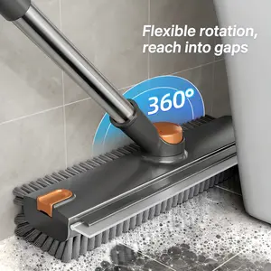 3-in-1 Floor Scrub Brush with Long Handle, Adjustable Silicone Squeegee & Stiff Bristle, 360° Rotating Head for Deep Cleaning, Versatile for Shower, Bathroom, Patio, Garage, Kitchen, Wall, Deck