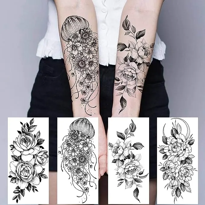 64 Sheets Long Lasting Flower Temporary Fake Tattoos For Women Arm Neck, Jellyfish Sunflower Moon Rose For Adults Girl, 3D Temp Realistic Snake Tatoo Stickers Serpent Peony Floral