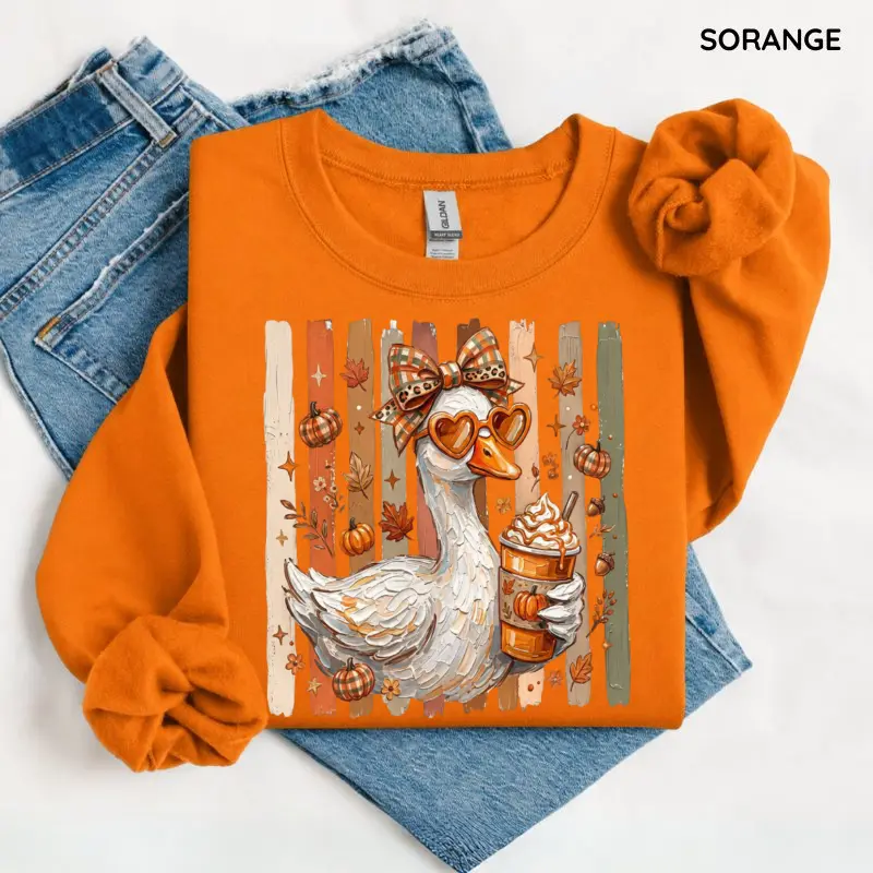 Preppy Fall Goose Sweatshirt, Coquette Autumn Pumpkin Spice Latte Halloween Goose Spooky Season, Lover Gift