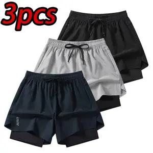 3-pack men’s quick-dry fitness shorts, anti-chafing lining, men’s double-layer running shorts with zippered pockets, breathable sports shorts with built-in padding
