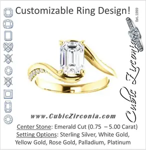 Cubic Zirconia Engagement Ring- The Nicola (Customizable Emerald Cut Style with Twisting Bypass Band featuring Inset Pavé Accents)