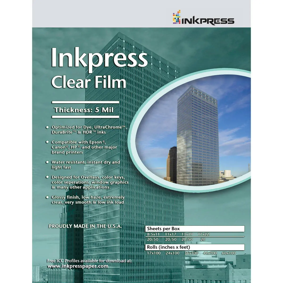 Inkpress Clear Film 5 mil. Polyester Inkjet Film, 8.5x11", 20 Sheets