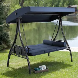 3-Seat Outdoor Swing Chair with Adjustable Backrest, Converts to Lounger Bed, Patio Swing Glider with Removable Cushion & Canopy for Deck, Garden, Backyard, Blue