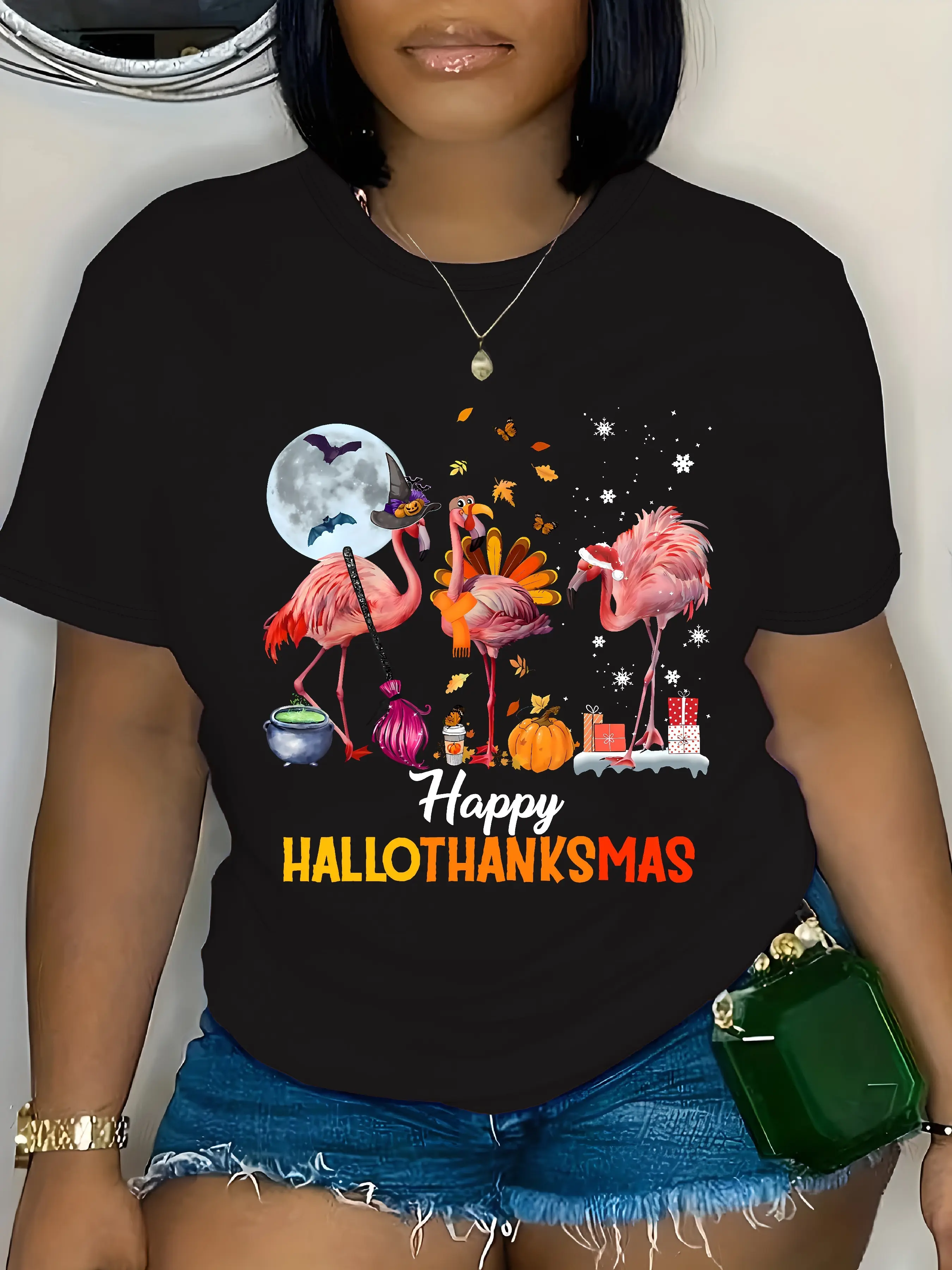Plus Size, Plus HAPPY HALLOTHANKSMAS Print T-Shirt unisex soft cotton short sleeve t shirt, vintage graphic casual tee for men women teens, perfect birthday holiday gift for camping travel gym daily street  wear