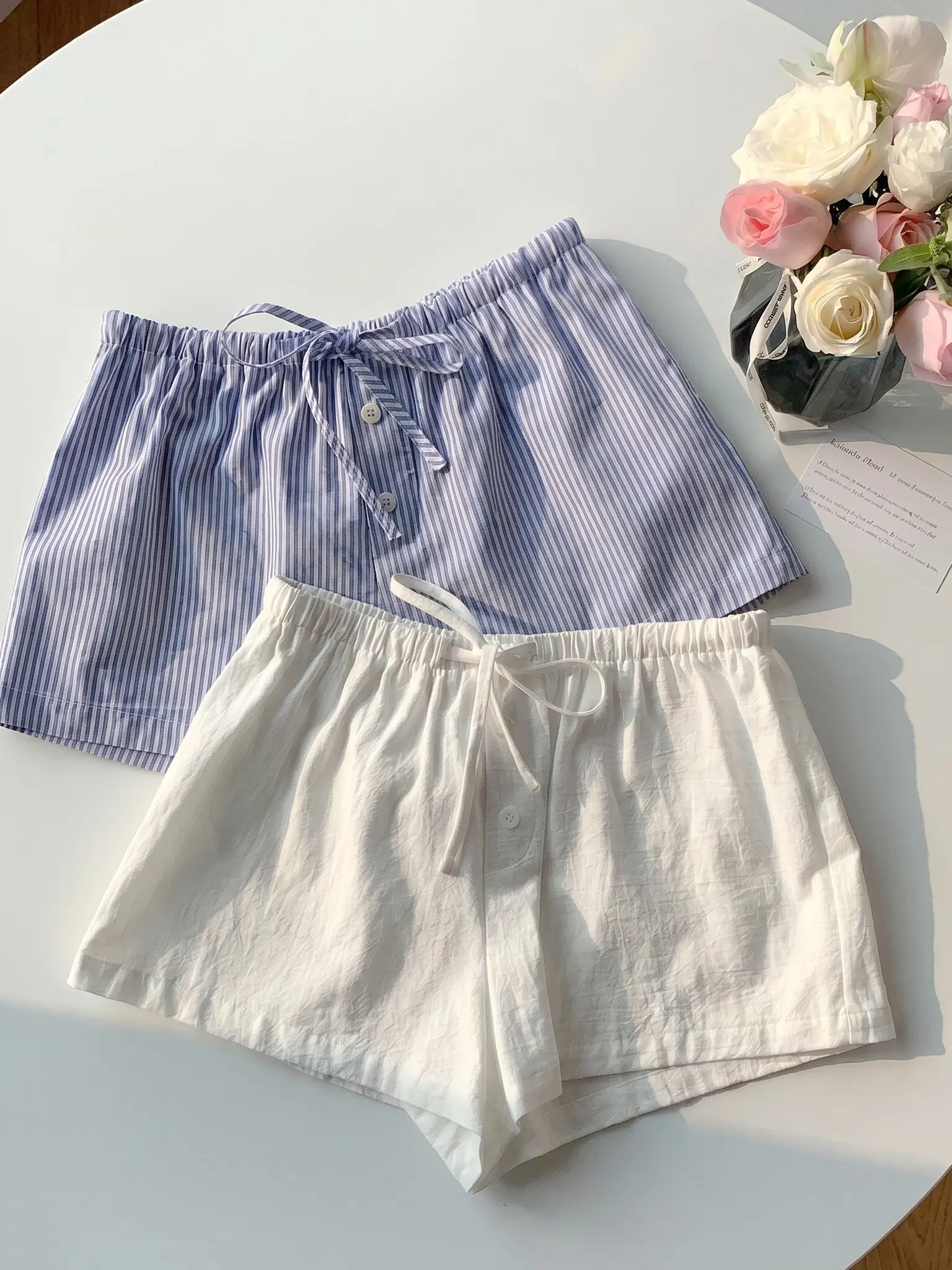 Women’s 2-Piece Striped & Solid Casual Shorts, Elastic Drawstring Waist Loose Wide Leg Summer Beach Bottoms, Blue White