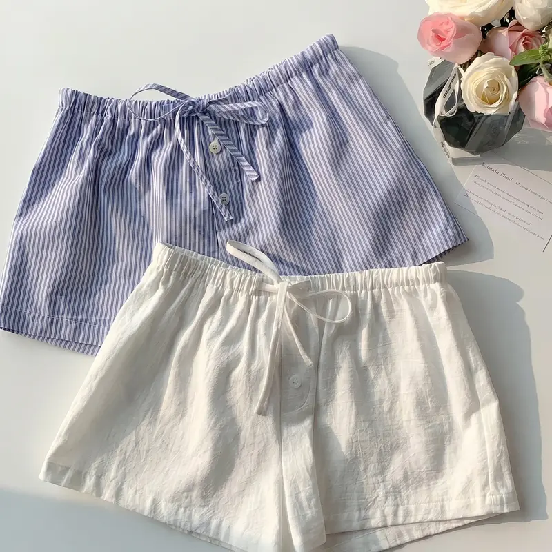 Women’s 2-Piece Striped & Solid Casual Shorts, Elastic Drawstring Waist Loose Wide Leg Summer Beach Bottoms, Blue White