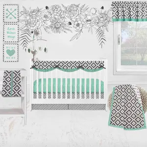 Bacati - Love Aztec 10-Piece Crib Bedding Set with Crib Rail Guard - Grey/Mint Unisex