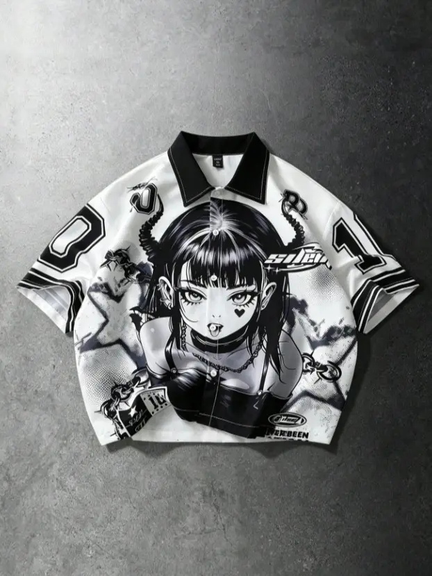 ROMWE MEN Y2K Anime Girl 10 Print Jersey Shirt, Black White Streetwear Button Up Top