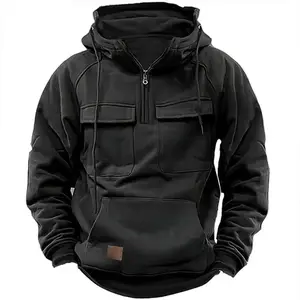 Fashion Men's Hoodies New Casual Sweatshirt Half Zip Solid Color Pockets Hoodie Male Streetwear Hooded Tops Casual Hooded  Jacket - Solid Color, Long Sleeves, Smooth Polyester FabricSlight Stretch - Fall | Machine Washable | Loose Fit