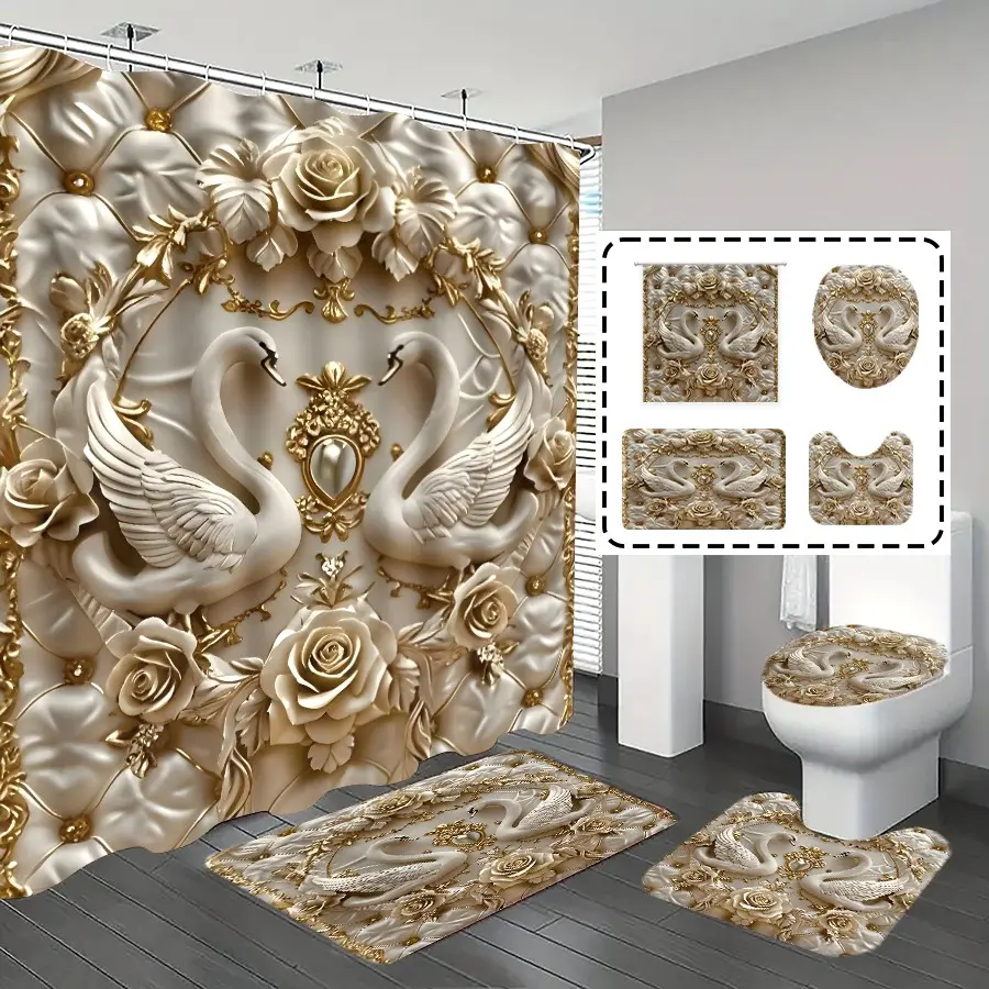1pc/4pcs, bathroom set, shower curtains, bathroom decor, bathroom rug, bathroom mat, Bathroom Accessory, Swan Pattern, with 12 hooks, Bathroom Decoration Accessories