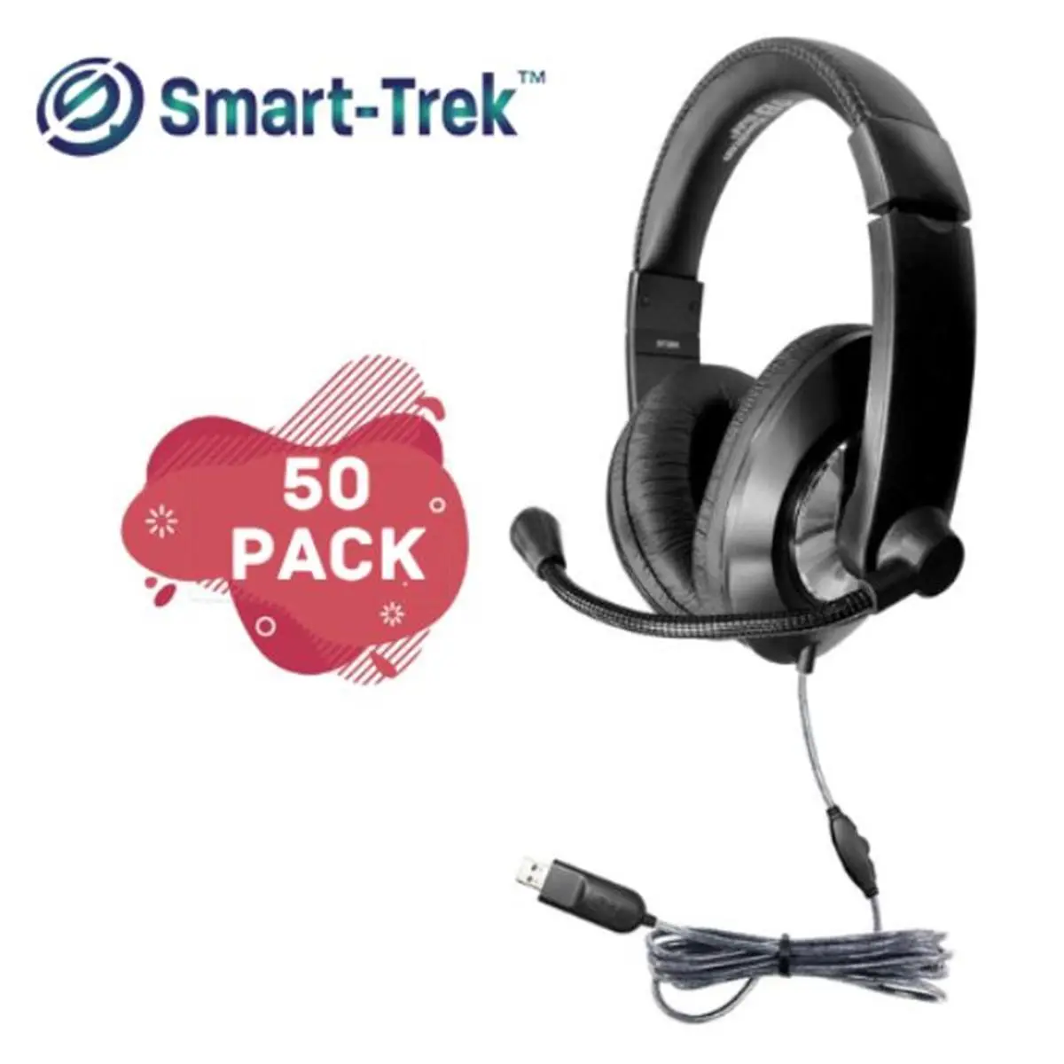 HamiltonBuhl ST2BKU-50 Smart-Trek Deluxe Stereo Audio Headset with In-Line Volume Control, USB Plug, Electronic Mics & Noise Cancelling - Pack of 50, Durable
