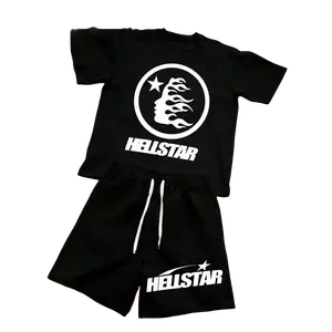 Urban Streetwear Outfit | Men’s "Hellstar" Fire Head Print Tee & Co-Ord Shorts Two Piece Outfit Street Style, Comfortable, Sporty Printed Tracksuit, Perfect For Outings, Trips, Gatherings With Friends, And Everyday Wear.