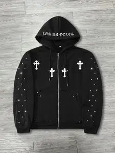 Men Women Spring Fall Winter Hooded Thin Sweatshirt, Cross Faith Print Cardigan Jacket, Stud Design, Soft Fabric Casual Wear