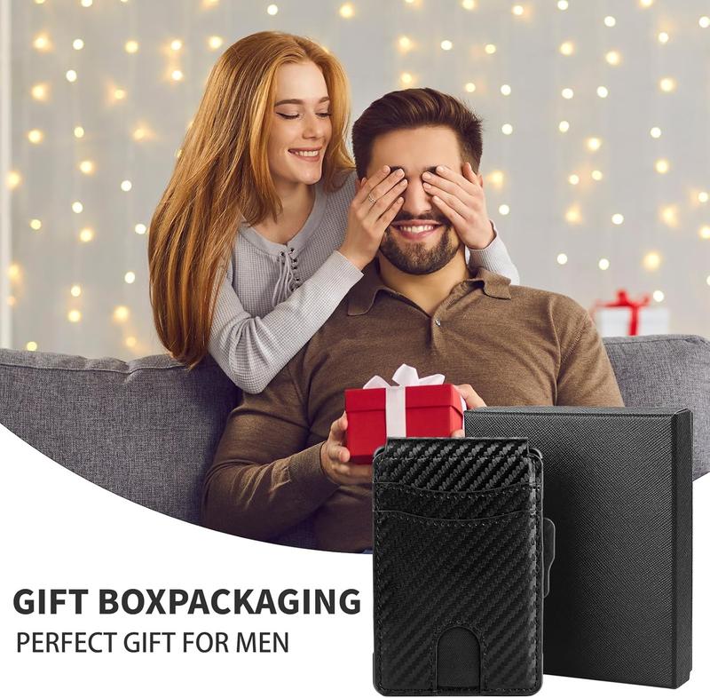 Slim AirTag Wallet for Men - Pop-Up Aluminum Case, RFID Blocking Leather Bifold with Money Clip & Card Slots, Includes Gift Box,No Airtag Included,Carbon Black