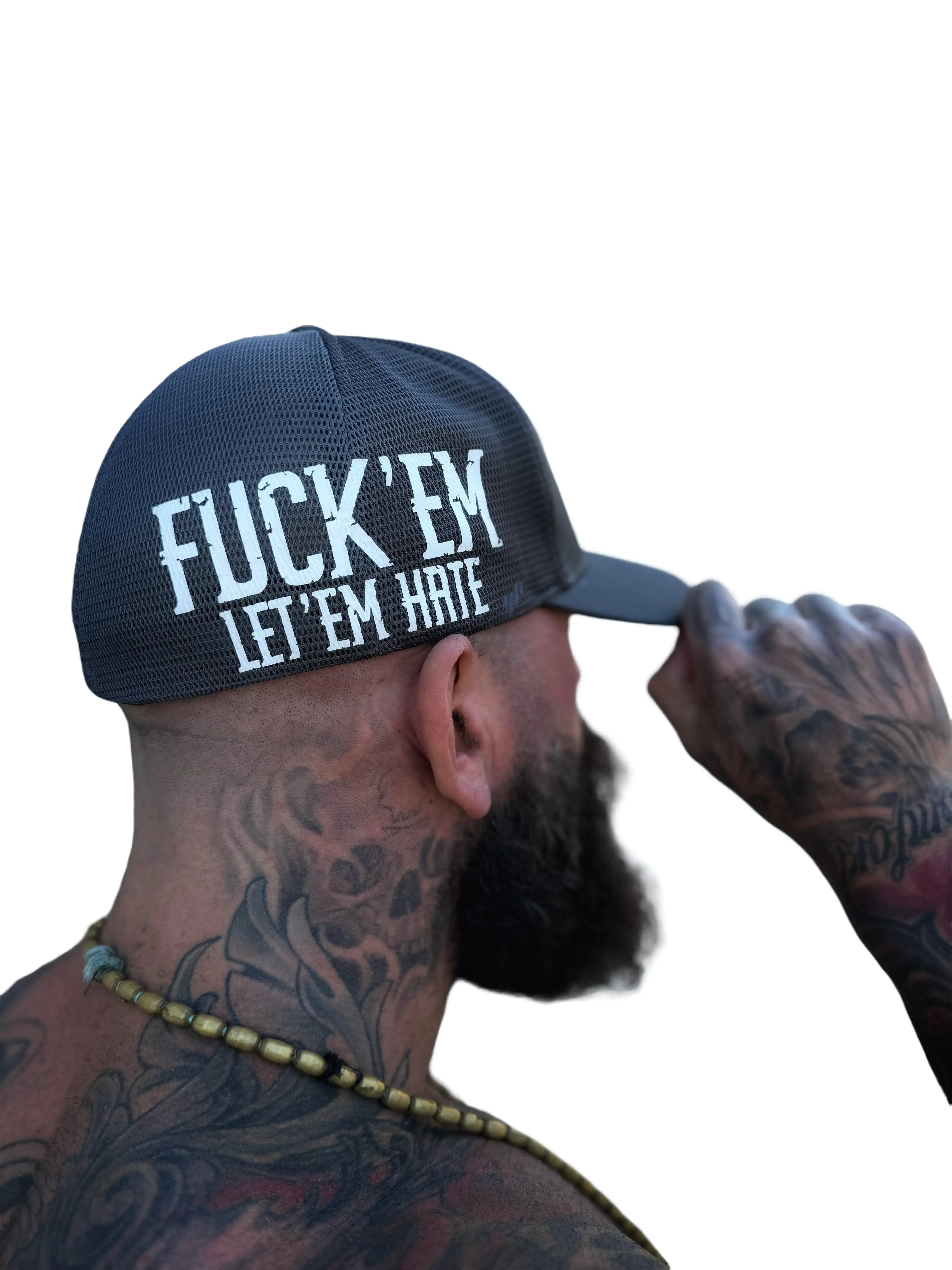 TheDriveClothing Let ‘Em Hate Grey Side Style Flexfit Hat – Fitted Cap, Grey Hat with White Print, Structured Mid Profile Stretch Fit Hat, Mesh Back Headwear