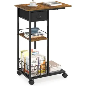 C Shaped End Table,  Side Table with Drawer, Sofa Table with Wheels & Storage Basket for Living Room, Bedroom, Bedside, Rustic Brown and Black