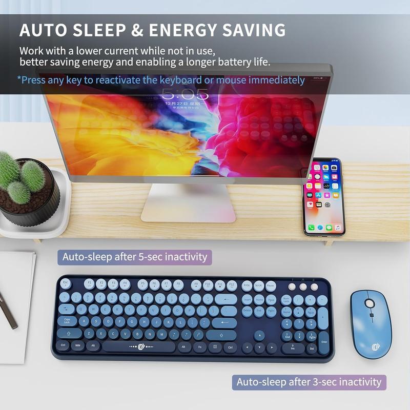 Wireless Keyboard and Mouse Combo 2.4G Full Size Cute Colorful Mouse with 104 Round Keys Retro Typewriter Keyboard for Laptop Windows PC Blue Gradient