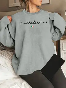 Women's Italy Letter Print Drop Shoulder Sweatshirt, Casual Long Sleeve Round Neck Pullover for Fall & Winter, Ladies Clothes for Daily Wear, Womenswear, Graphic Sweatshirts