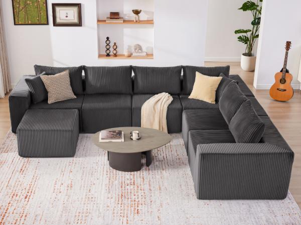 【4 packages】135.4" Cloud Couch Sectional, Sectional Sleeper Sofa with Deep Seat, Plush Corduroy U Shaped Boneless Couch, Convertible Modular Couches for Living Room, 7Seat