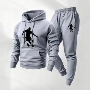 Men's 2-Piece Printed Soccer Sweatsuit Set - Long Sleeve Hooded Jacket, Drawstring Sweatpants - Casual Athletic Menswear for Fall, Winter Daily Wear, Indoor Outdoor Sportswear