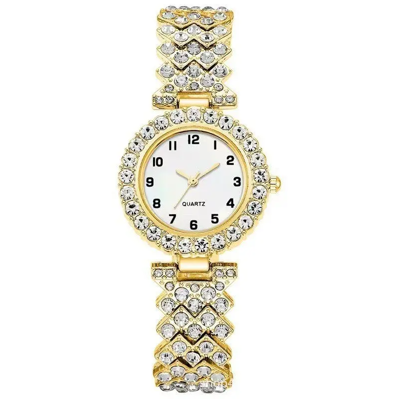 Crystal Watch & Bracelet Set - Pavé Bezel Quartz Watch with Heart Link Bracelet