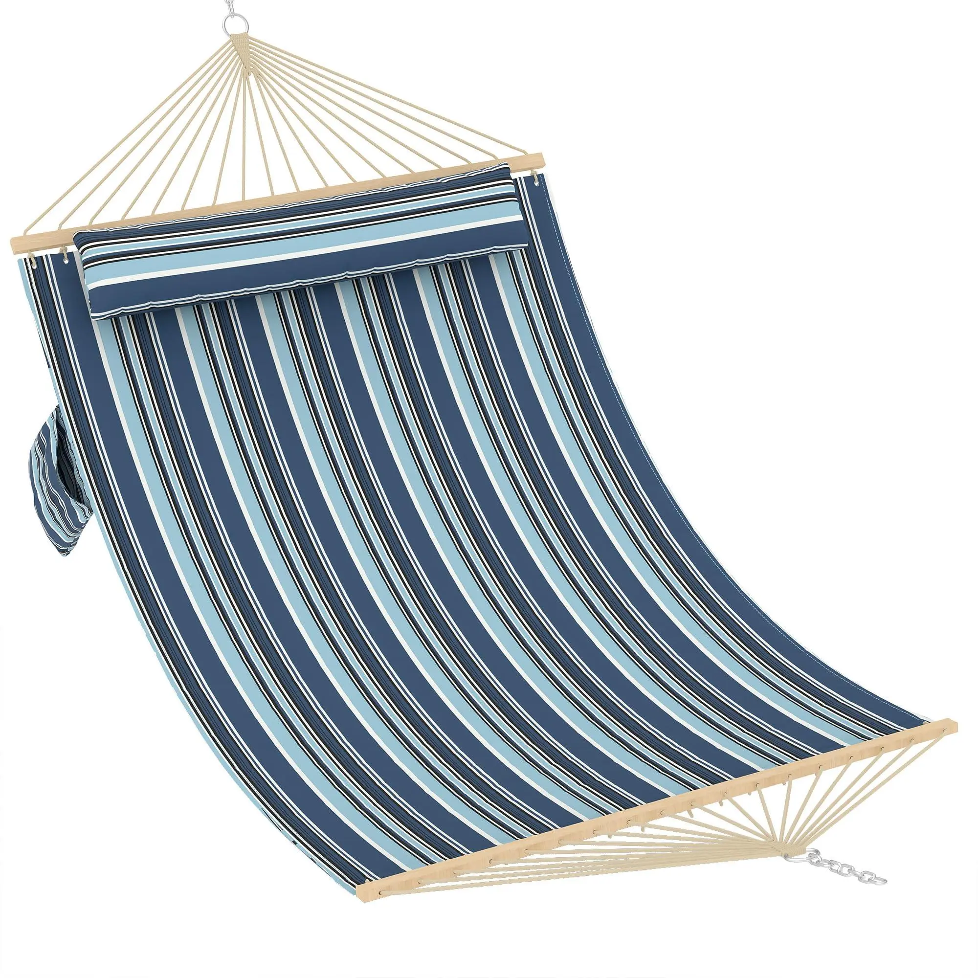 Double Quilted Fabric Hammock with Hardwood Spreader Bars and Pillow 450 LBS Capacity 2 Person Large Hammock for Outdoor Patio Backyard Poolside（Dark and Light Blue Stripes）