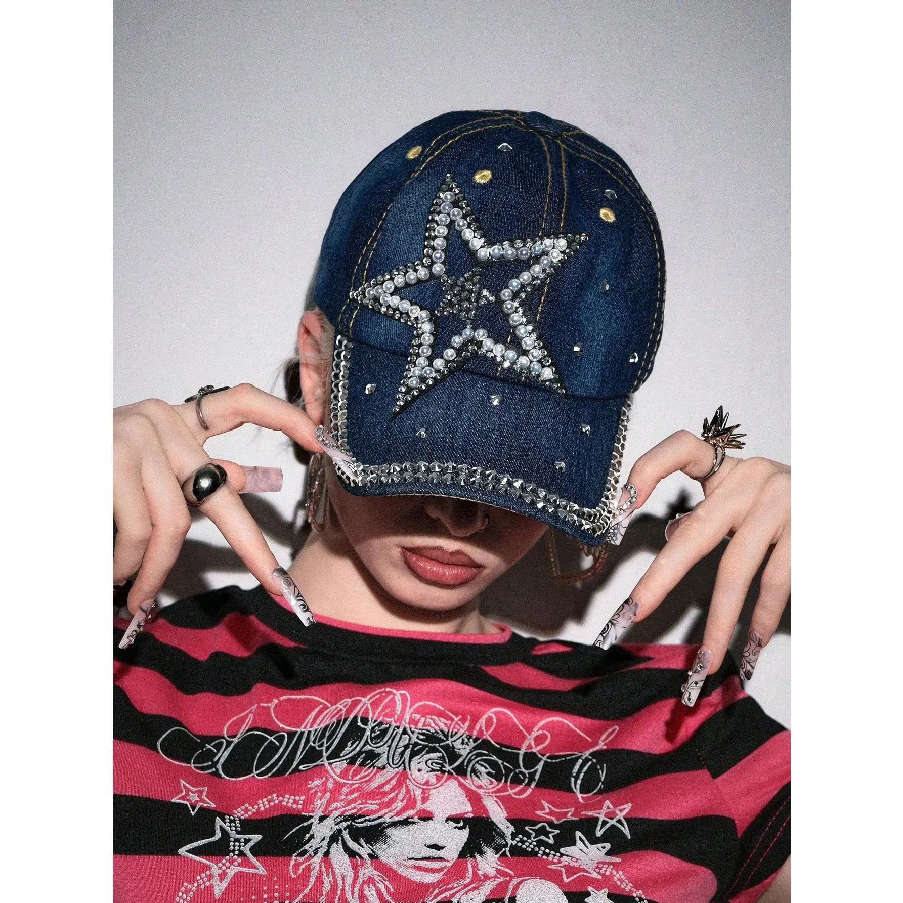 1pc Rhinestoned Baseball Cap, Y2K Style Star Pattern Cap, Casual Designed Snapback Hat, Daily Personalized Style Item