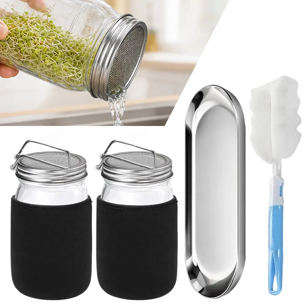 Premium 2-Jar 24oz Wide Mouth Quart Glass Mason Sprouting Jar Kit - Complete Sprouting System, Beginner-Friendly Stainless Steel Mesh Lids, Maintains Fresh Sprouts, Adds Nutritious Food to Salads (Bean, Alfalfa)