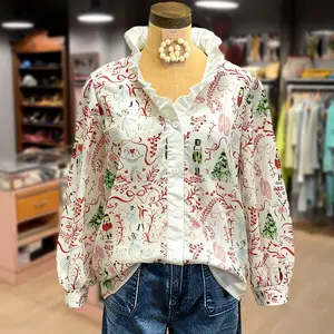 Cherrybetty Christmas Nutcracker Print Ruffle Neck Long Sleeve Top for Festive Season & Everyday Wear - Fitted & Comfortable Women's Blouses Elegant