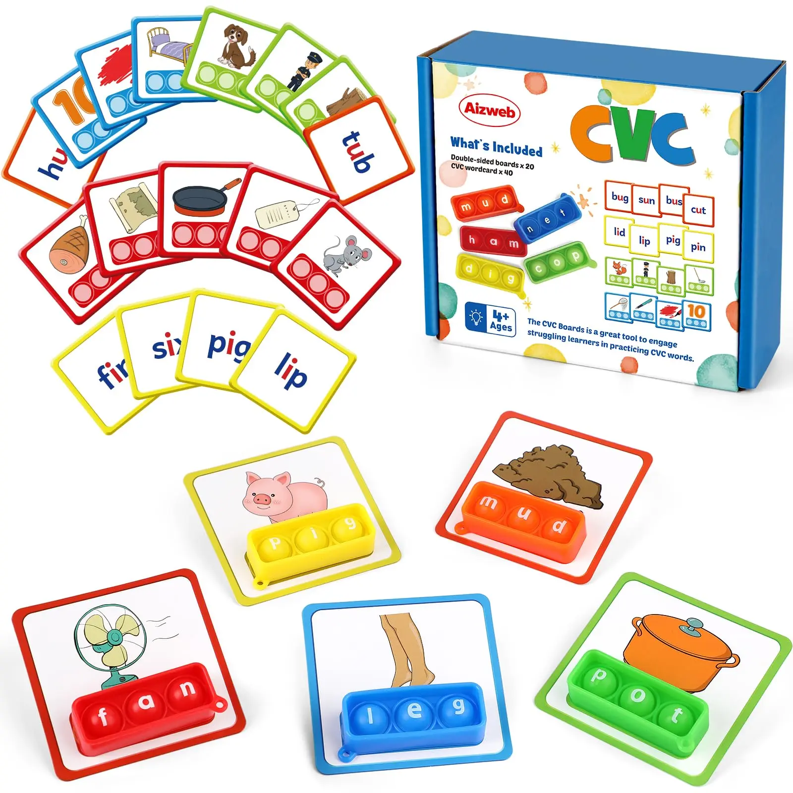 Aizweb CVC Word Game Phonics Flash Cards for Classroom Supplies with Special Education Reading Manipulative Spelling Toy, Thanksgiving Homeschool & Classroom Learning Activity, Springtok Kindergarten Boy Wooden Vocabulary Flashcards Synthetic