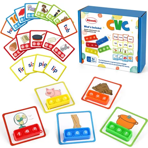 Aizweb CVC Word Game Phonics Flash Cards for Classroom Supplies with Special Education Reading Manipulative Spelling Toy, Thanksgiving Homeschool & Classroom Learning Activity, Springtok Kindergarten Boy Wooden Vocabulary Flashcards Synthetic