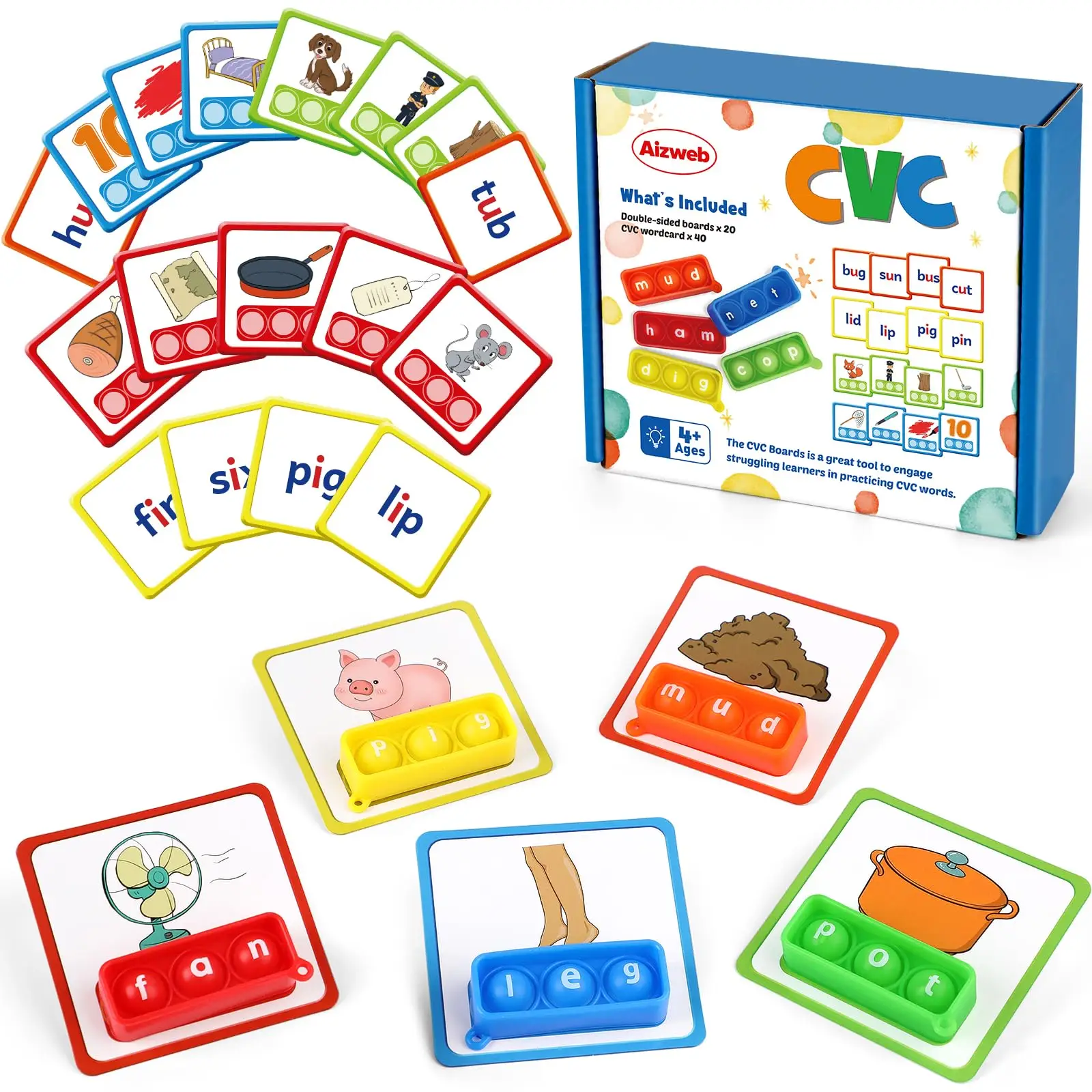 Aizweb CVC Word Game Phonics Flash Cards for Classroom Supplies with Special Education Reading Manipulative Spelling Toy Springtok Kindergarten Boy Wo