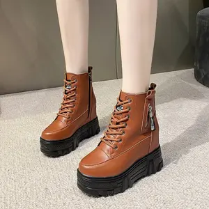 Women's Chunky Platform boots - Platform Height:, Faux Cover Upper with Zipper Closure, Non-Slip Rubber Outsole, Brown Boots for Everyday & Formal Outfits - Easy-Clean Shoes, Sleek Boot Design