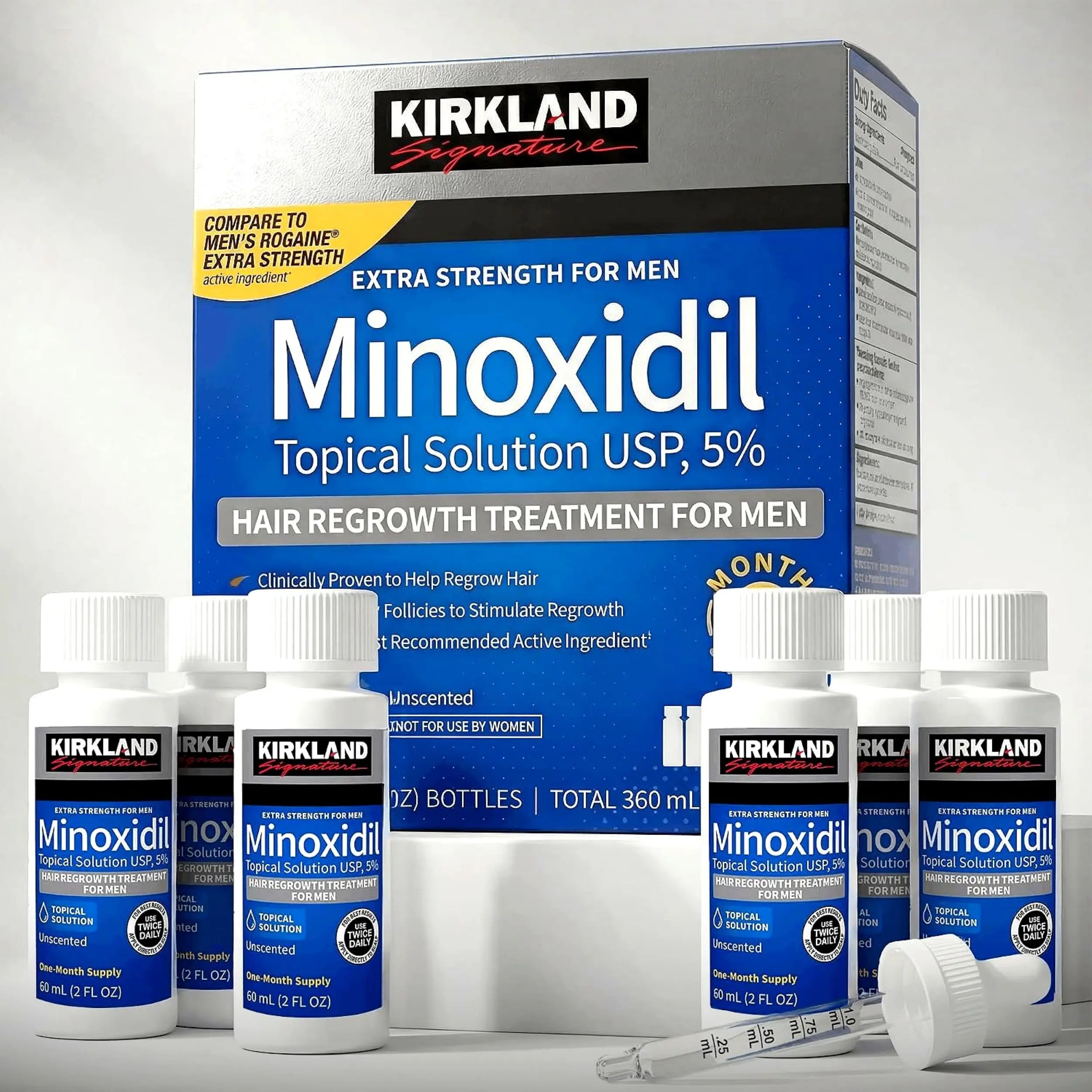[Brand Authorized Seller | Original Manufacturer Packaging] Kirkland Minoxidil 5% Extra Strength, 6 Month Supply (6x60mL), Hair Regrowth Treatment for Men, Hair Loss, Thinning, Beard Growth Topical Solution USP