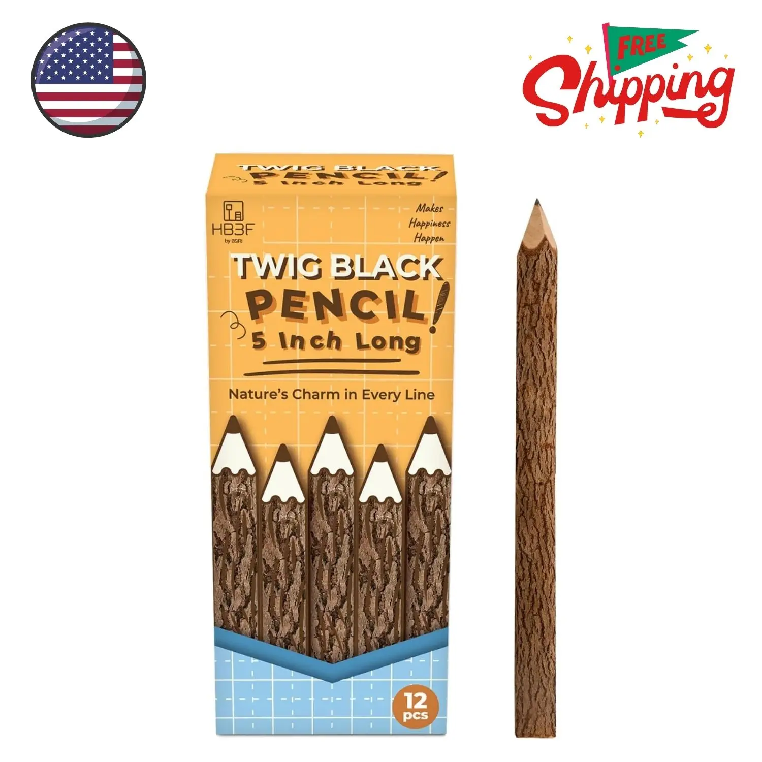 Wooden Pencils Rustic Bark Twig 12 Pack 5 Inch