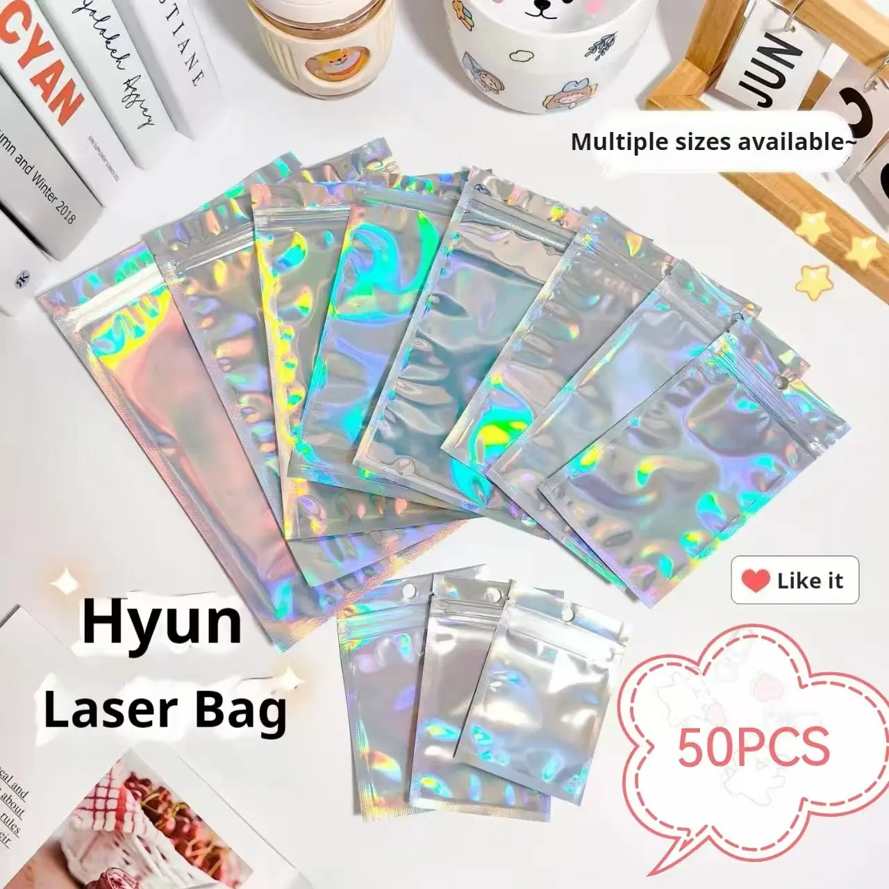 New 50pcs Laser Bag, 0.16mm Thickness, Plastic Reusable Packaging Solution, Odor-Resistant, Suitable for Food and Personal Items, Durable Ziploc Bags, Holographic, Resealable Zipper Bags
