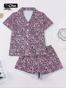 Sweet Cool Leopard Print Bow Women's Pajama Set, Fitted Casual Two-Piece, Soft Breathable Fabric, Summer Home Wear, Loungewear, Elastic
