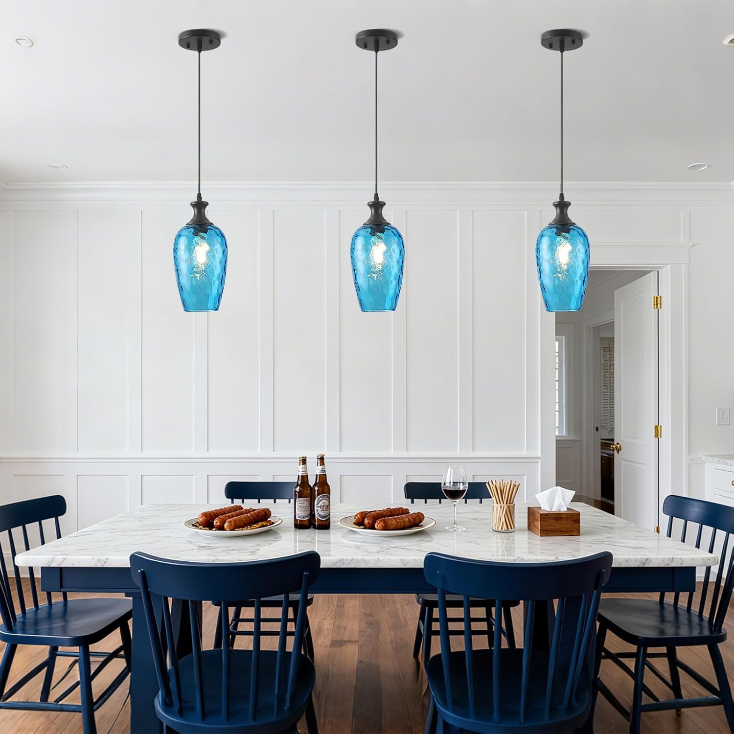 Glass Pendant Lights Kitchen Island, 1-Light Blue Pendant Light Fixtures with Hammered Glass Modern Farmhouse Hanging Light for Kitchen Sink Dining Room Bedroom