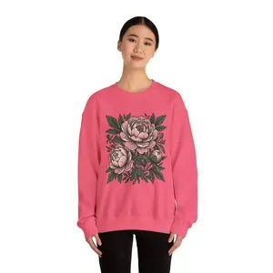 Floral Peony Crewneck Sweatshirt — Vintage Pink Roses Graphic
