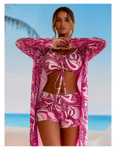 Pink Swirl Swimsuit Set for Girls - 3 Piece Long Sleeve Rash Guard Bikini Swimsuit with Shorts - Kids Swimwear UPF 50+ Sun Protection Bathing Suit