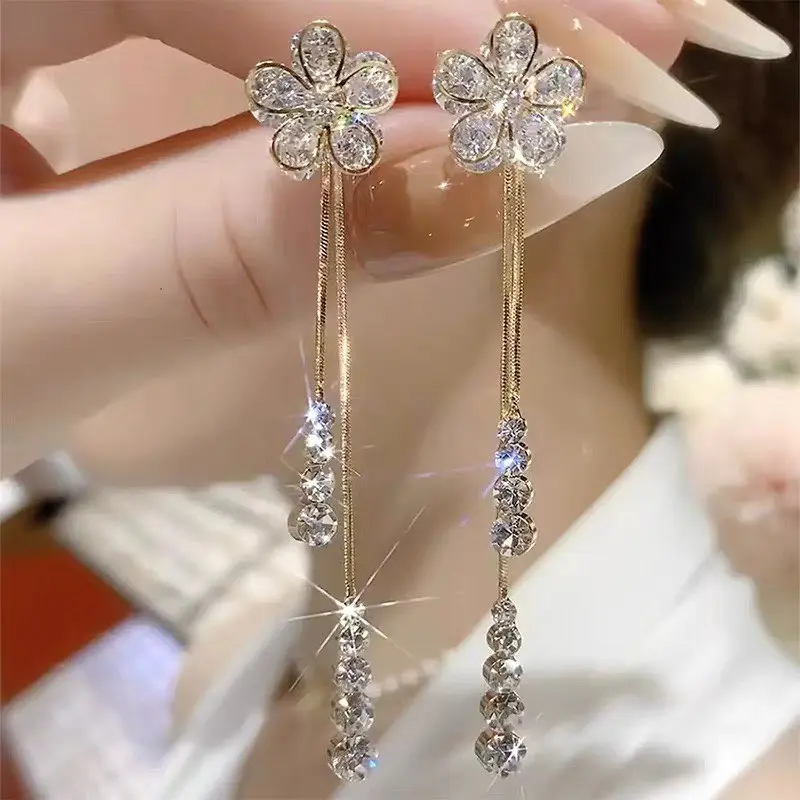 Women's Gold Dangle Earrings - 3D Floral CZ Crystals, Gold-Plated Long Dangle Type Statement Jewelry, Lightweight Layered Tassels, Anniversary Gift, Feminine Glamorous Costume Accessory