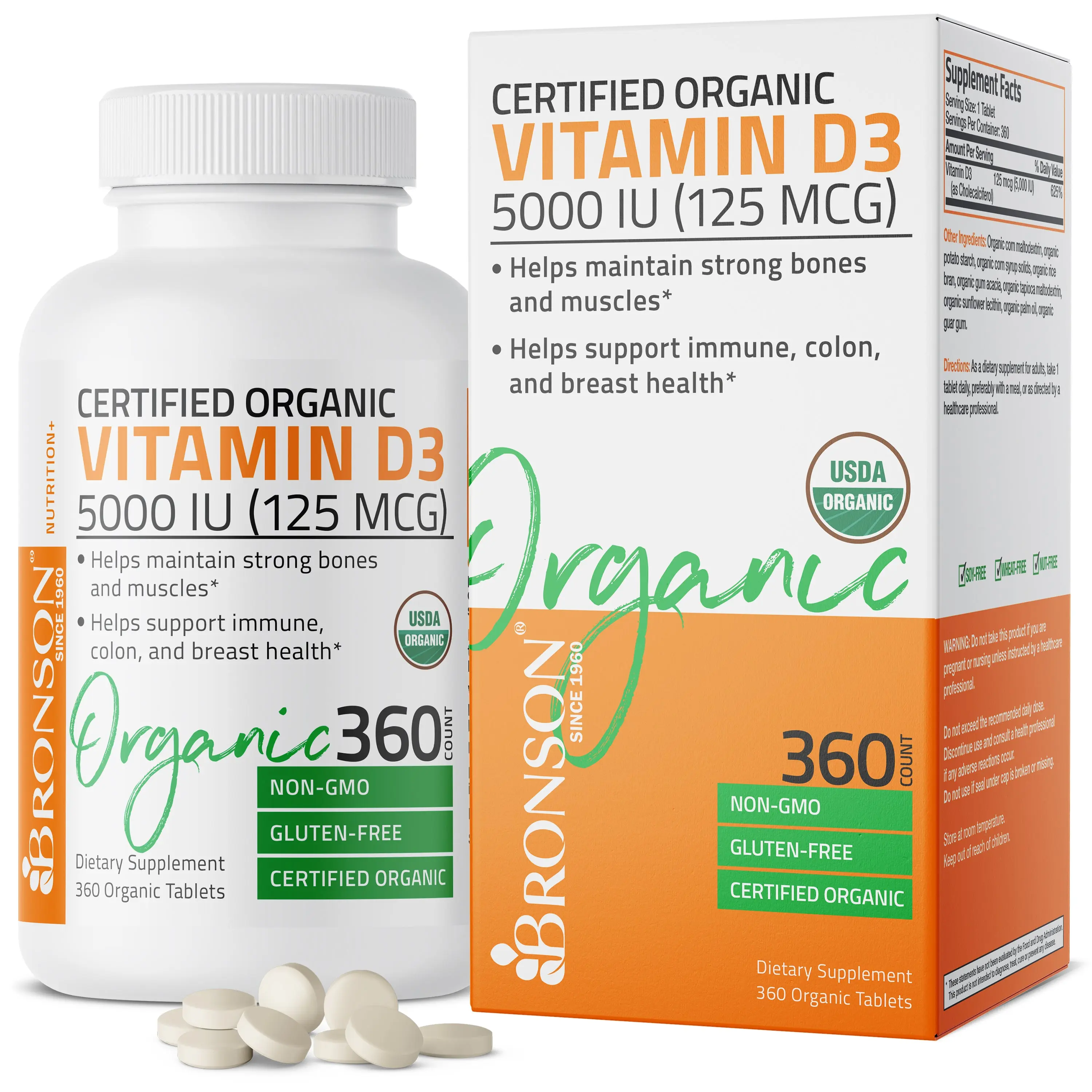 Bronson Certified Organic Vitamin D3 5,000 IU (125 MCG) 1 Year Supply for Healthy Muscle Function and Immune Support, Non-GMO Fitness Supplement
