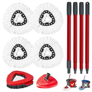 Spin Mop Replace Head, Base, Scrub Brush, Mop Handle for OCedar RinseClean 1-Tank System, Include 4 Microfiber Mop Refills, 1 Mop Handle, 1 Base and 1 Scrub Brush for Dry Wet Use Floor Deep Cleaning, Machine Washable & Easy Install,(No Bucket)