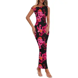 Lazysmile Summer Floral Maxi Dresses for Women One Shoulder Bodycon Mesh Elegant Formal Cocktail Wedding Guest Party Dress
