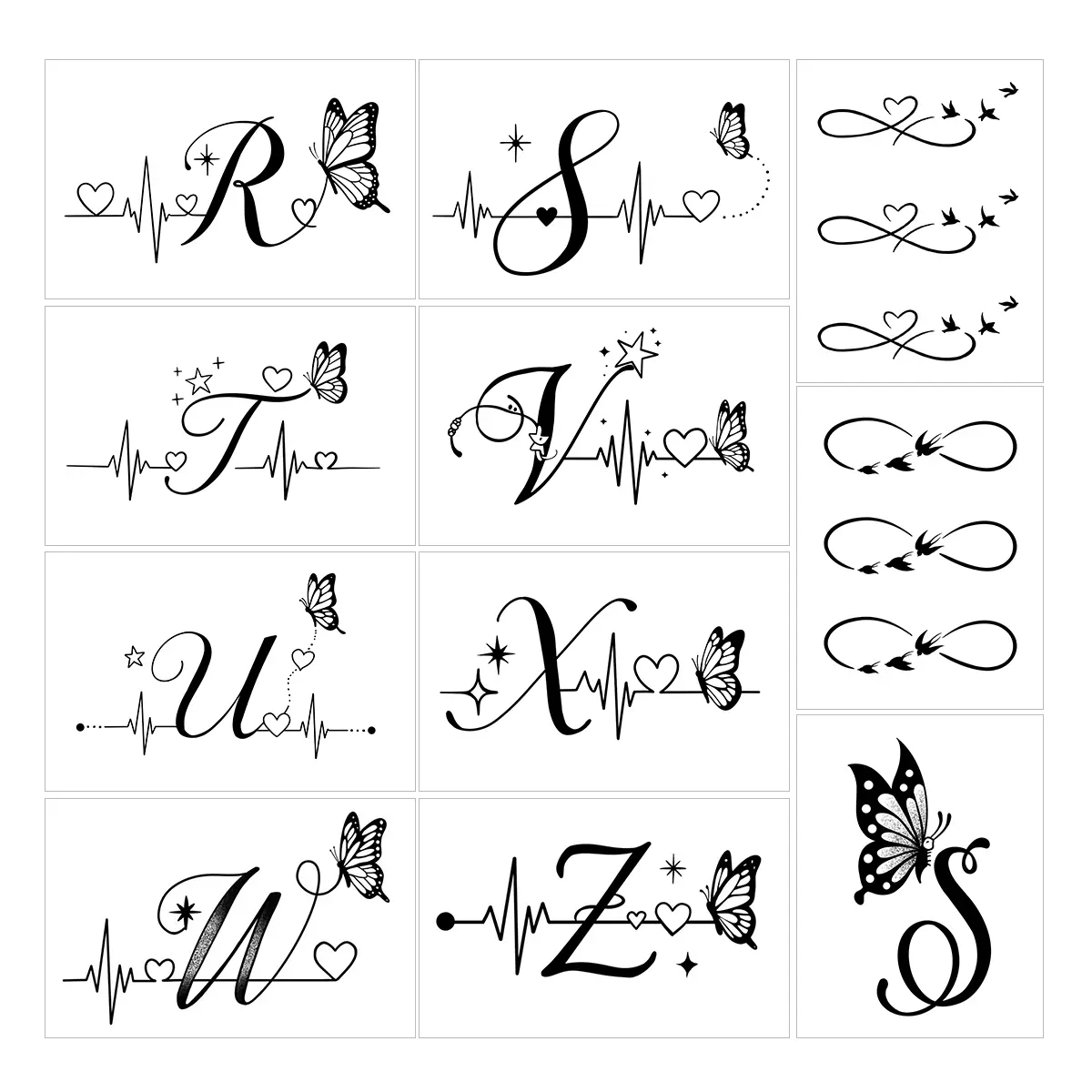 Women's Waterproof Temporary Tattoos - Semi-Permanent Sticker Art with Letter, ECG Heartbeat, Infinity, Butterfly Designs, 11 Pieces, Long-Lasting for Beauty & Personal Care Makeup Use