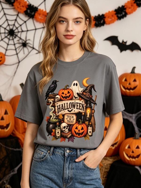 Women's Plus Size Oversized Crew Neck Short Sleeve Tops - Boho Cute Lightweight Graphic Print Halloween T-Shirt with Witch, Ghost, Pumpkin Designs for Trick-or-Treat, Autumn Wear