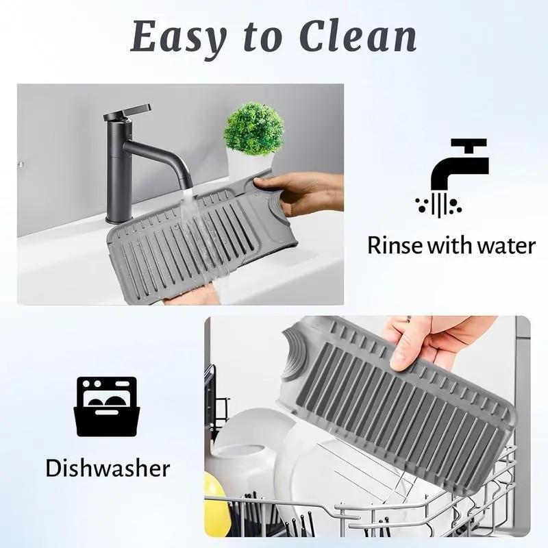 [TikTokShopBlackFriday] 24 Inch Silicone Faucet Mat for Kitchen & Bathroom Sink Splash Guard - 6 Slope Water Draining Mat with Fasten Button for Bathroom Area -Gray